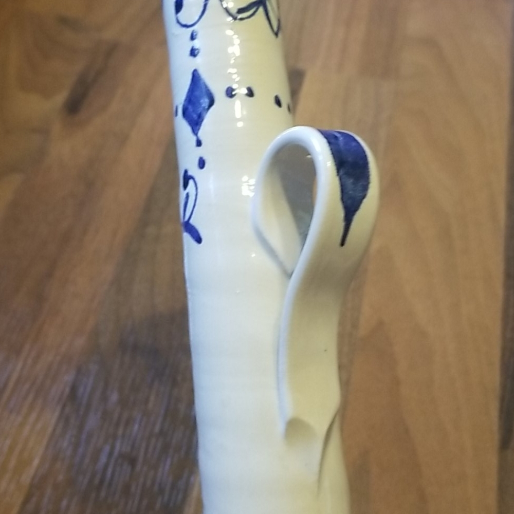 Vintage Tall Italian Pottery Blue & Cream Floral Chamberstick Candle Holder - Picture 6 of 11